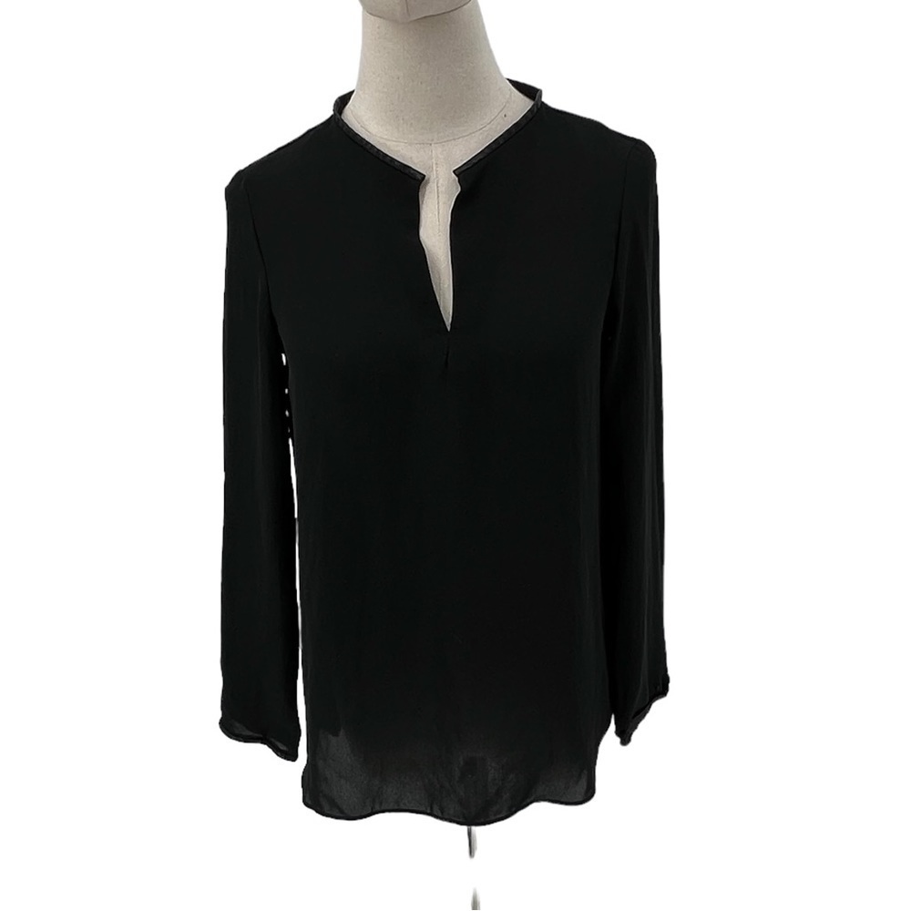 Zara Black Faux Leather Trimmed Long Sleeve Blouse Size XS Women's